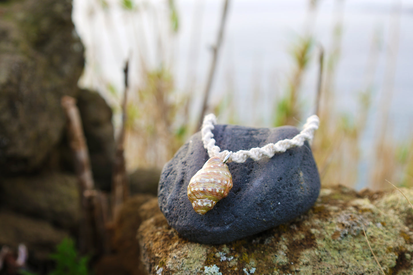White Macrame Conch Shell Necklace