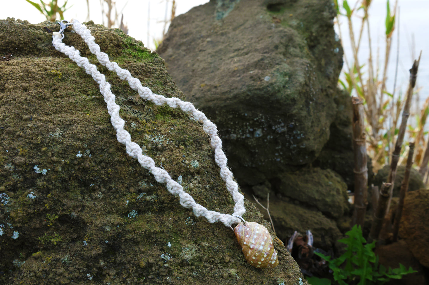 White Macrame Conch Shell Necklace
