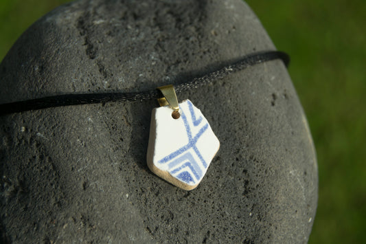 White with Blue Stripes Pentagon Sea Pottery Necklace